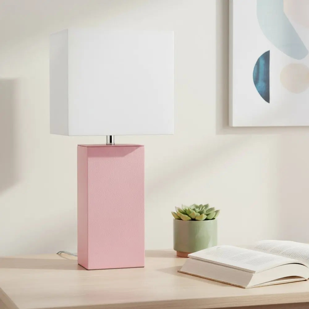 21" Pink Faux Leather Table Lamp LED With White Shade HomeRoots