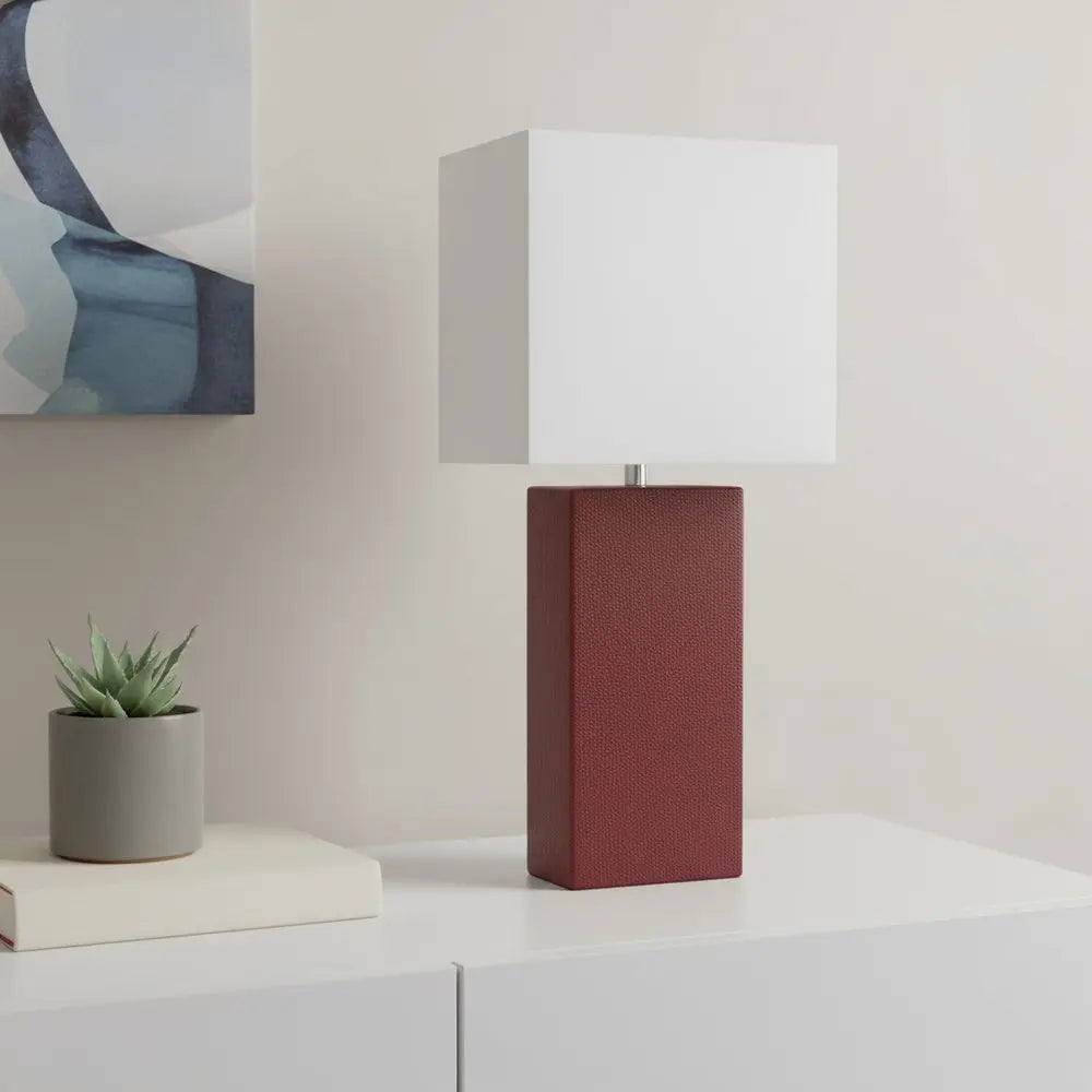 21" Red Faux Leather Table Lamp LED With White Shade HomeRoots