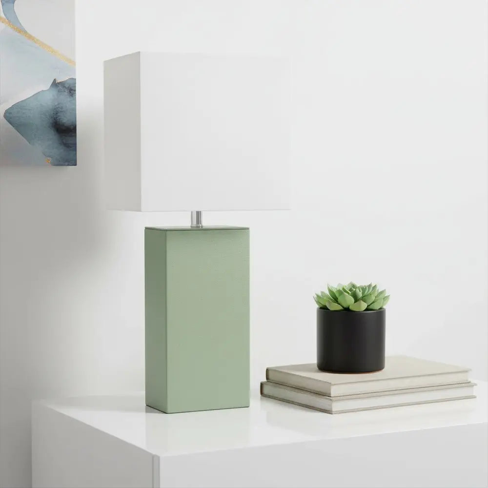 21" Sage Faux Leather Table Lamp LED With White Shade HomeRoots