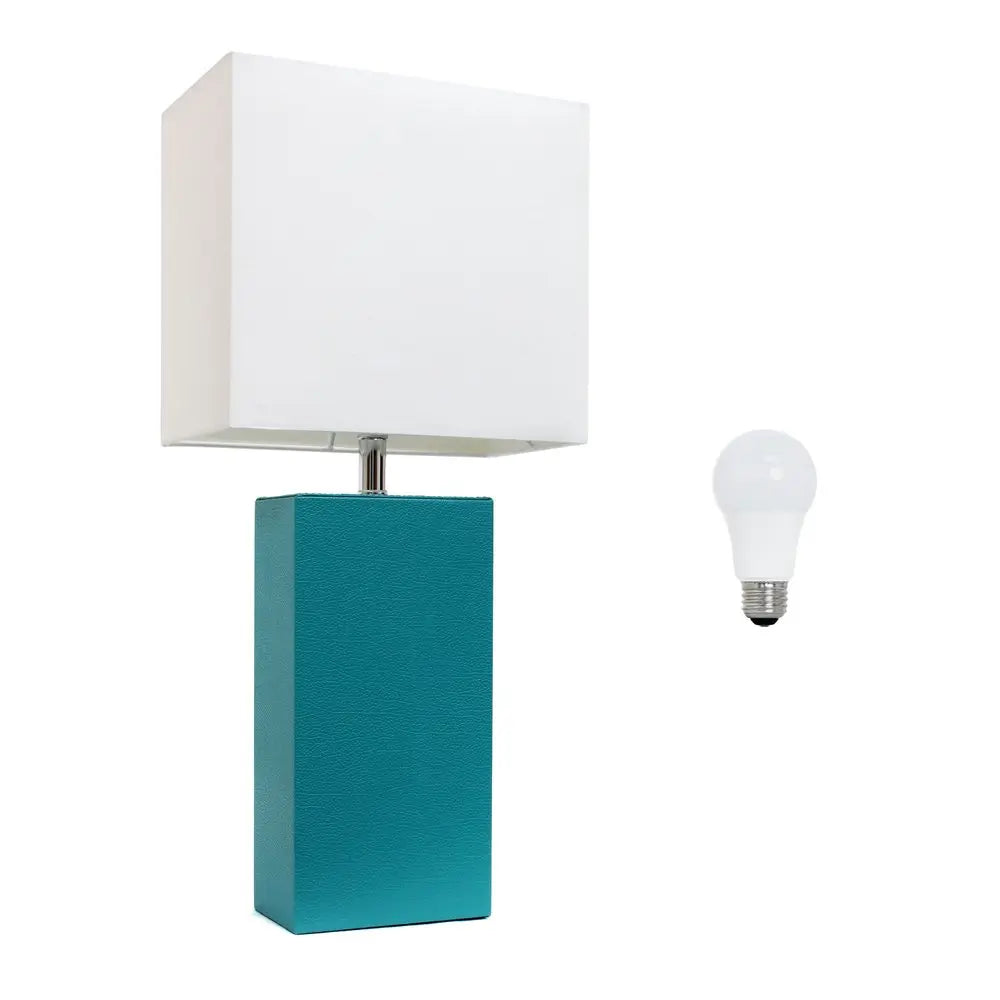 21" Teal Blue Faux Leather Table Lamp LED With White Shade HomeRoots
