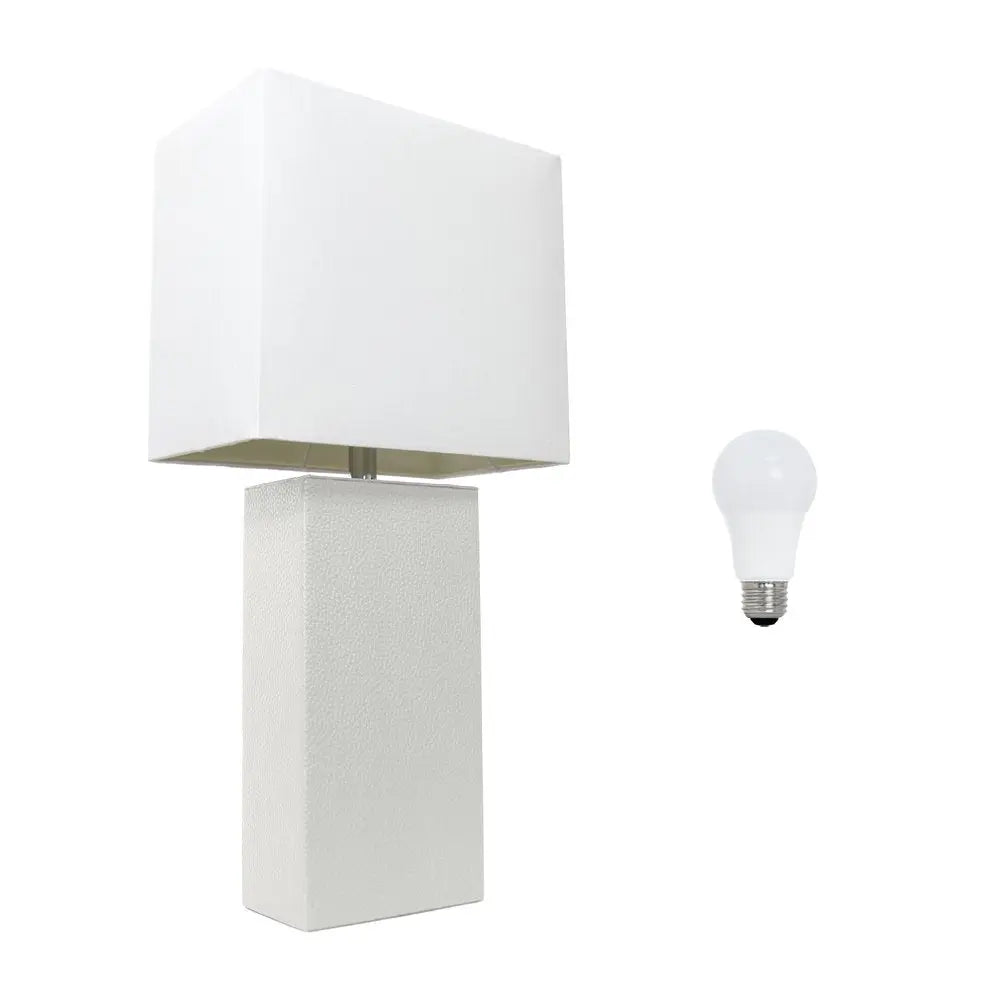 21" White Faux Leather Table Lamp LED With White Shade HomeRoots