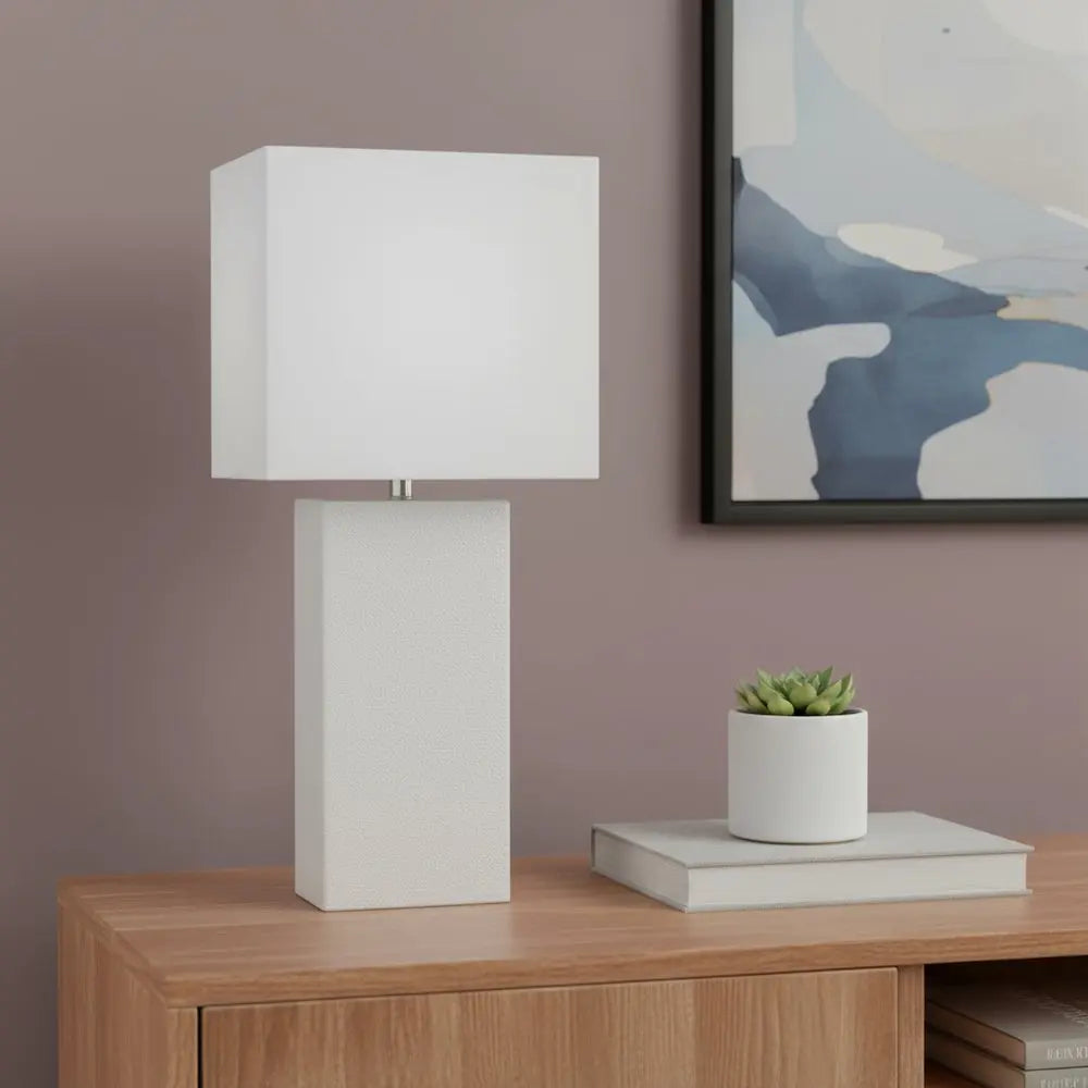 21" White Faux Leather Table Lamp LED With White Shade HomeRoots