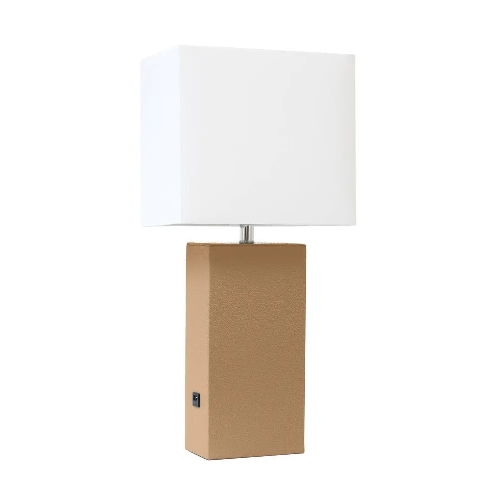21" Beige Faux Leather USB Table Lamp With White Shade HomeRoots