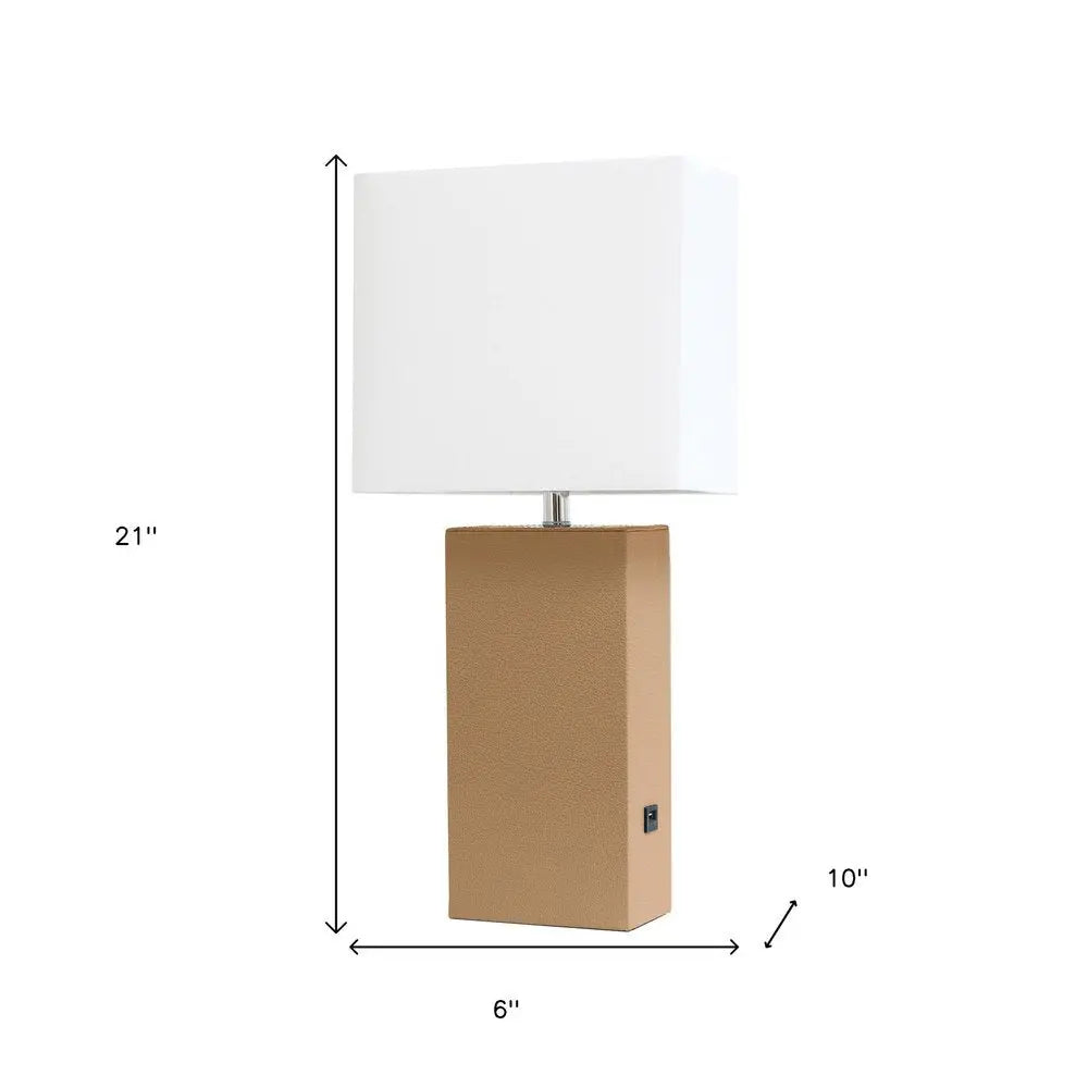 21" Beige Faux Leather USB Table Lamp With White Shade HomeRoots