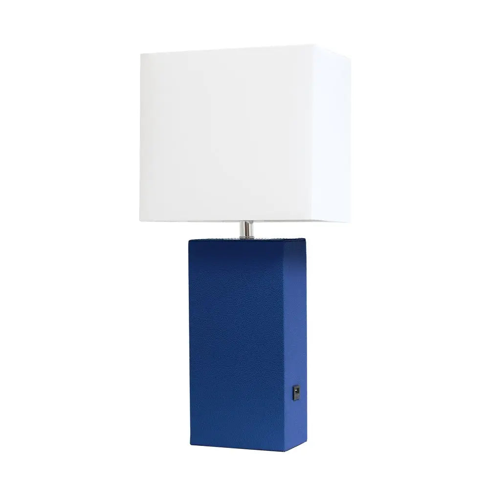 21" Blue Faux Leather USB Table Lamp With White Shade HomeRoots