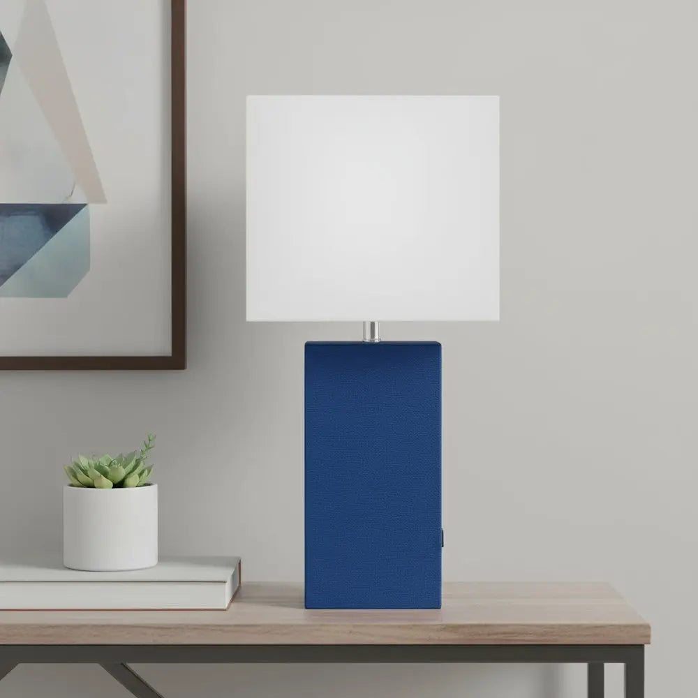 21" Blue Faux Leather USB Table Lamp With White Shade HomeRoots