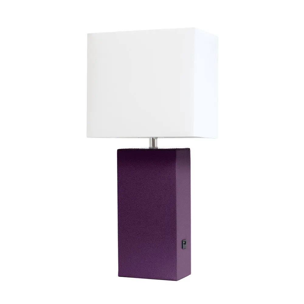 21" Eggplant Faux Leather USB Table Lamp With White Shade HomeRoots