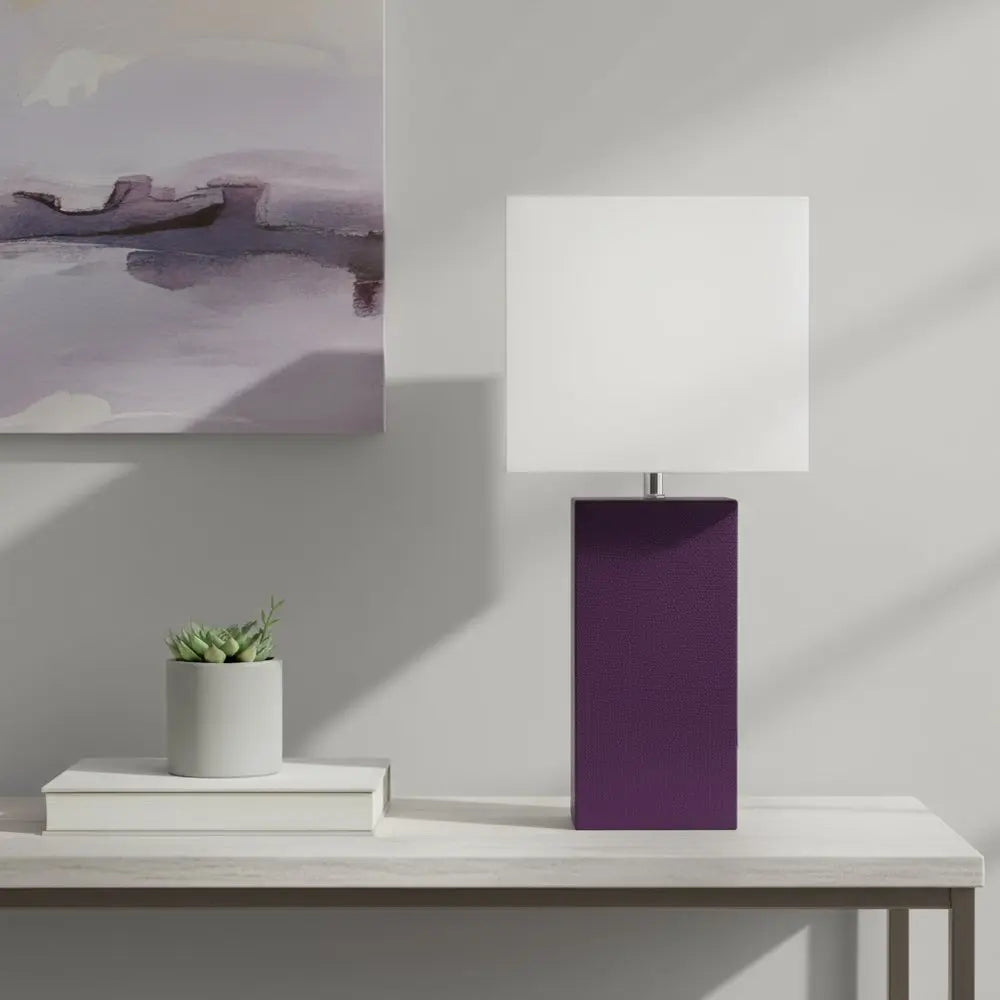 21" Eggplant Faux Leather USB Table Lamp With White Shade HomeRoots