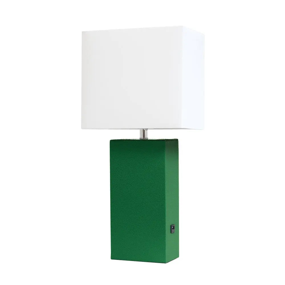 21" Green Faux Leather USB Table Lamp With White Shade HomeRoots
