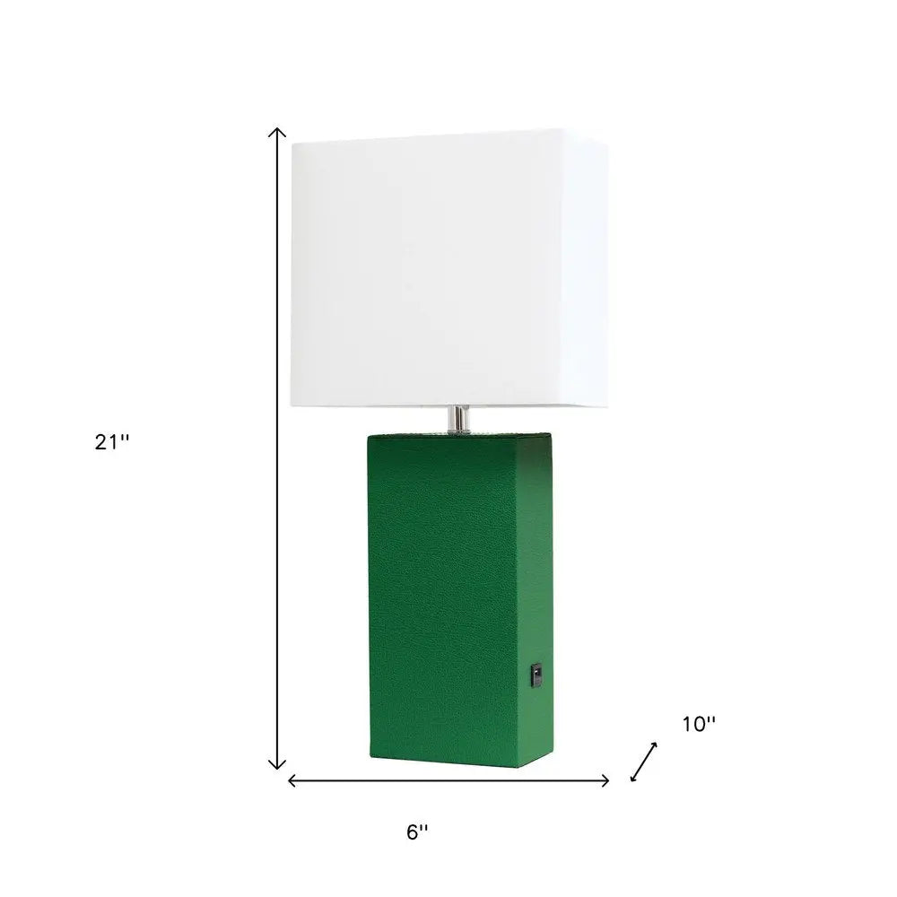 21" Green Faux Leather USB Table Lamp With White Shade HomeRoots