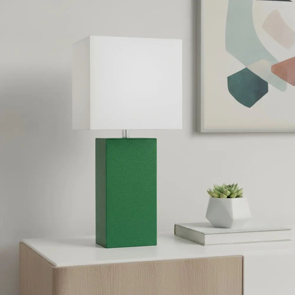 21" Green Faux Leather USB Table Lamp LED With White Shade HomeRoots
