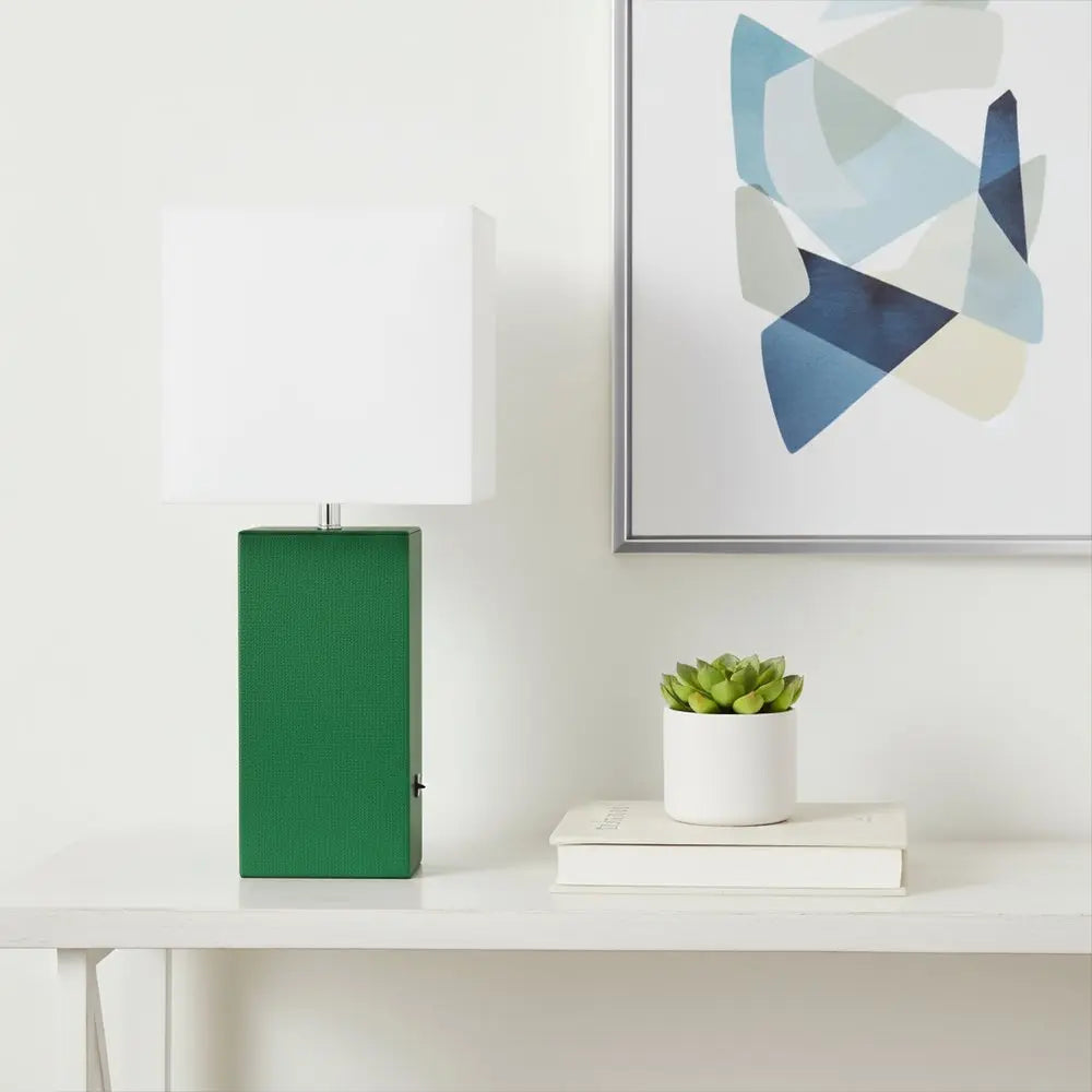 21" Green Faux Leather USB Table Lamp LED With White Shade HomeRoots