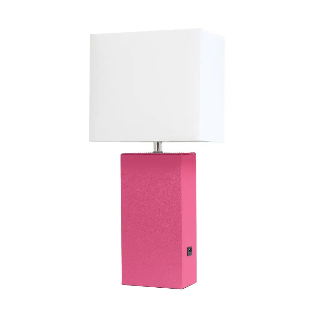 21" Hot Pink Faux Leather USB Table Lamp With White Shade HomeRoots