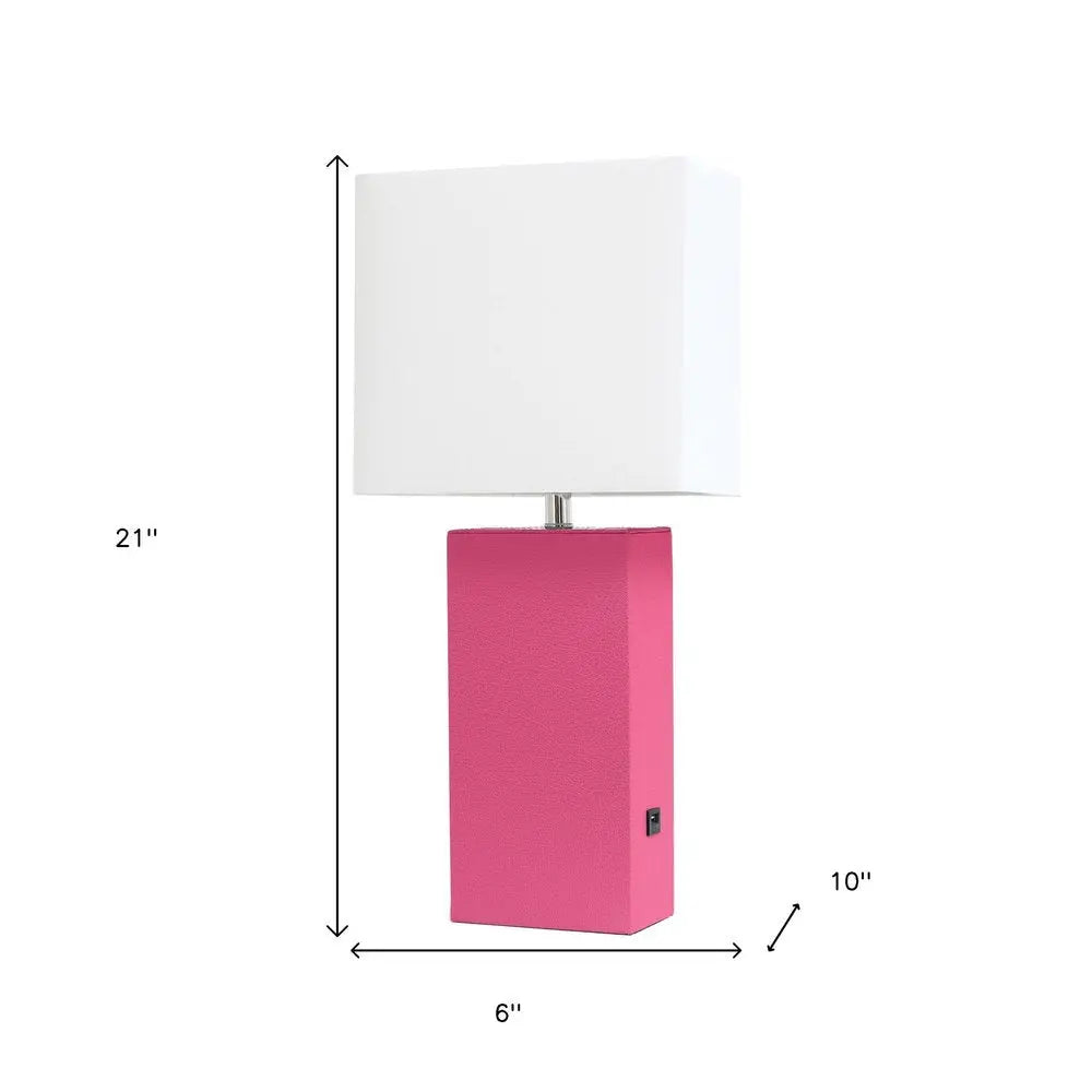 21" Hot Pink Faux Leather USB Table Lamp With White Shade HomeRoots