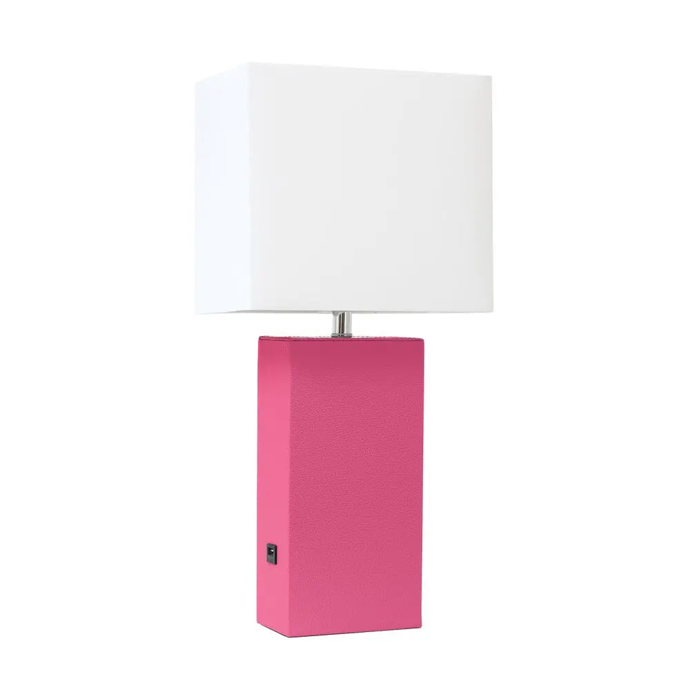 21" Hot Pink Faux Leather USB Table Lamp LED With White Shade HomeRoots