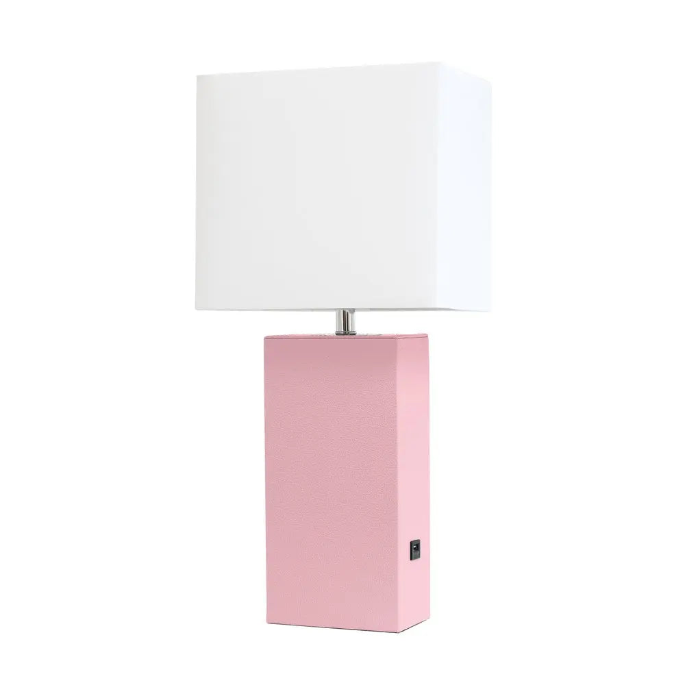 21" Pink Faux Leather USB Table Lamp LED With White Shade HomeRoots