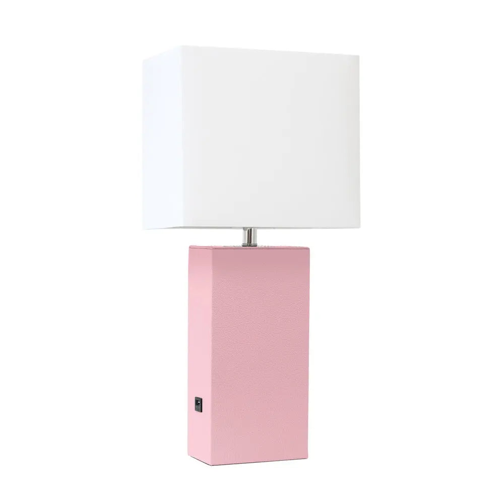 21" Pink Faux Leather USB Table Lamp LED With White Shade HomeRoots