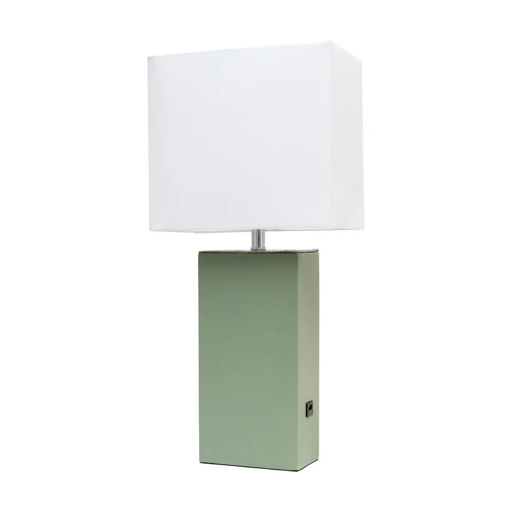 21" Sage Faux Leather USB Table Lamp With White Shade HomeRoots