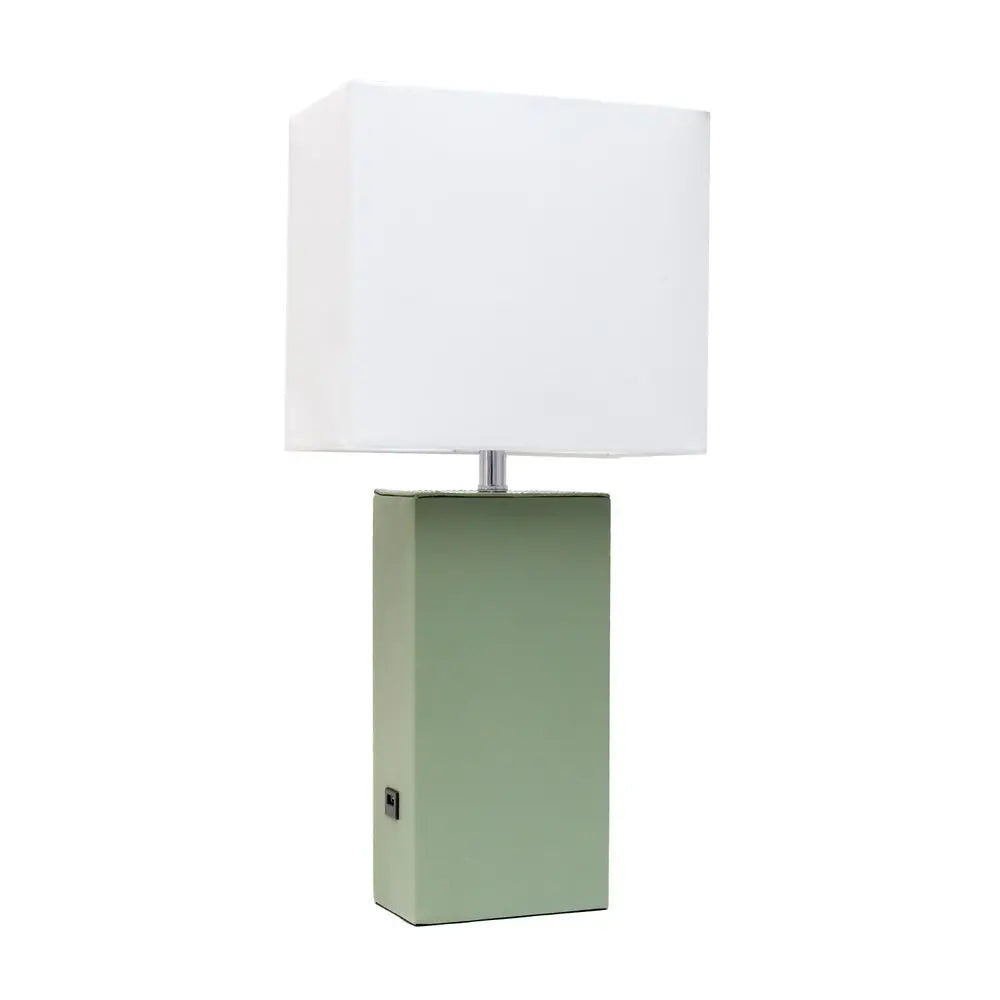21" Sage Faux Leather USB Table Lamp With White Shade HomeRoots