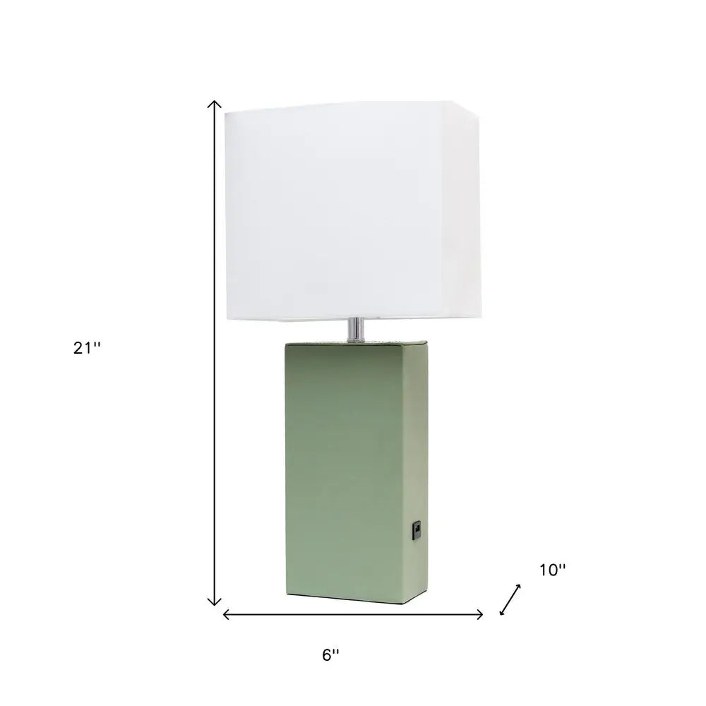 21" Sage Faux Leather USB Table Lamp With White Shade HomeRoots