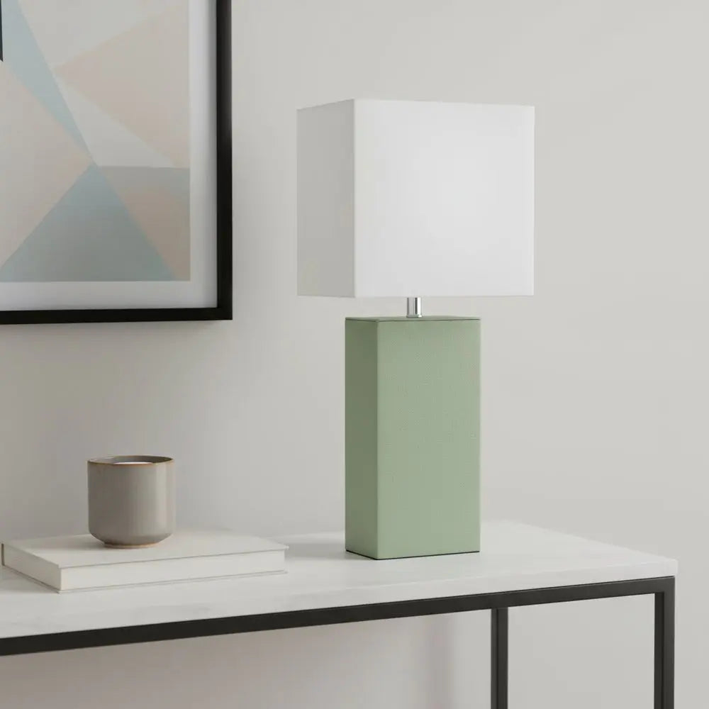 21" Sage Faux Leather USB Table Lamp With White Shade HomeRoots