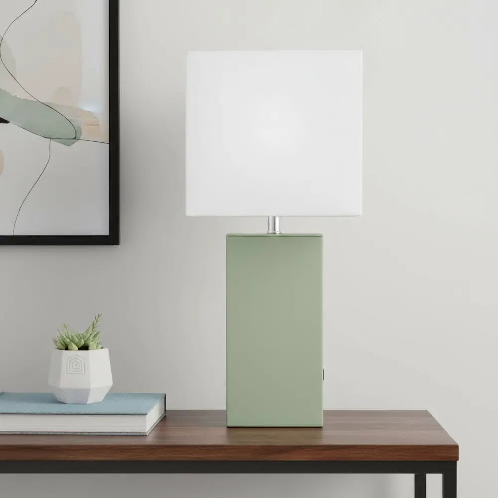 21" Sage Faux Leather USB Table Lamp LED With White Shade HomeRoots