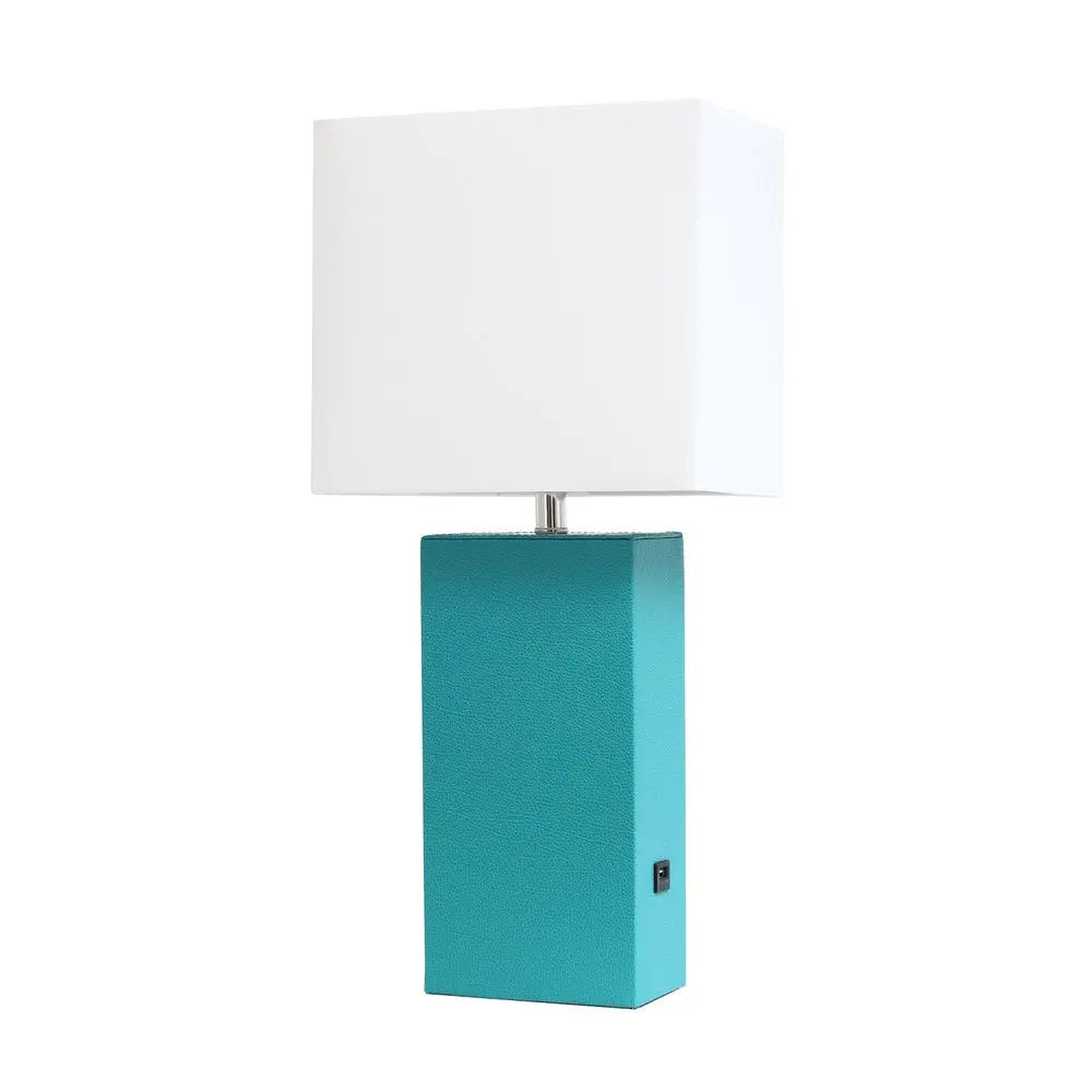 21" Teal Blue Faux Leather USB Table Lamp LED With White Shade HomeRoots