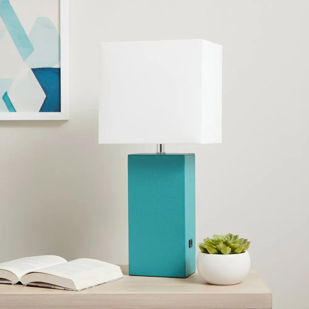 21" Teal Blue Faux Leather USB Table Lamp LED With White Shade HomeRoots
