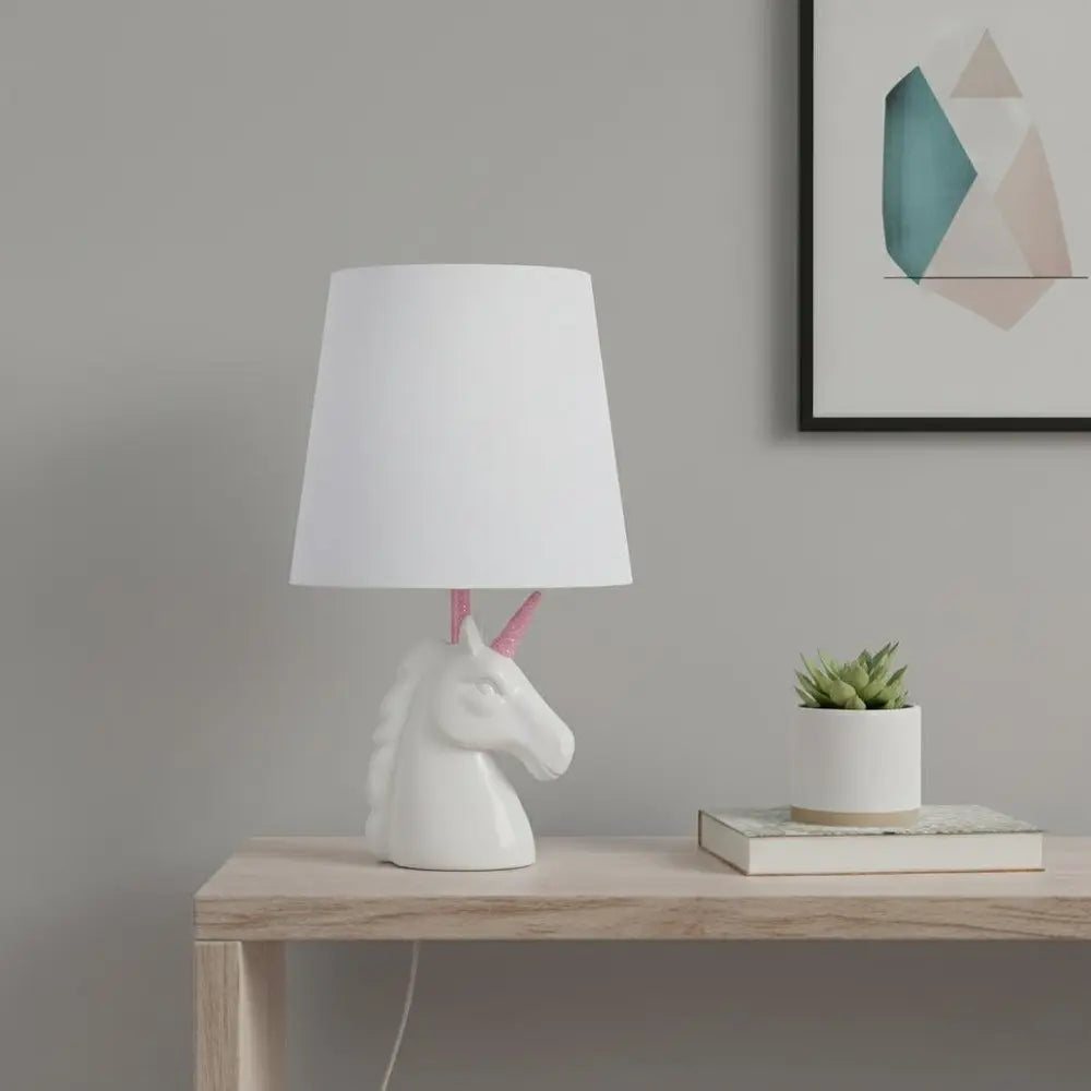 16" White Geometric Table Lamp With White Drum Shade HomeRoots