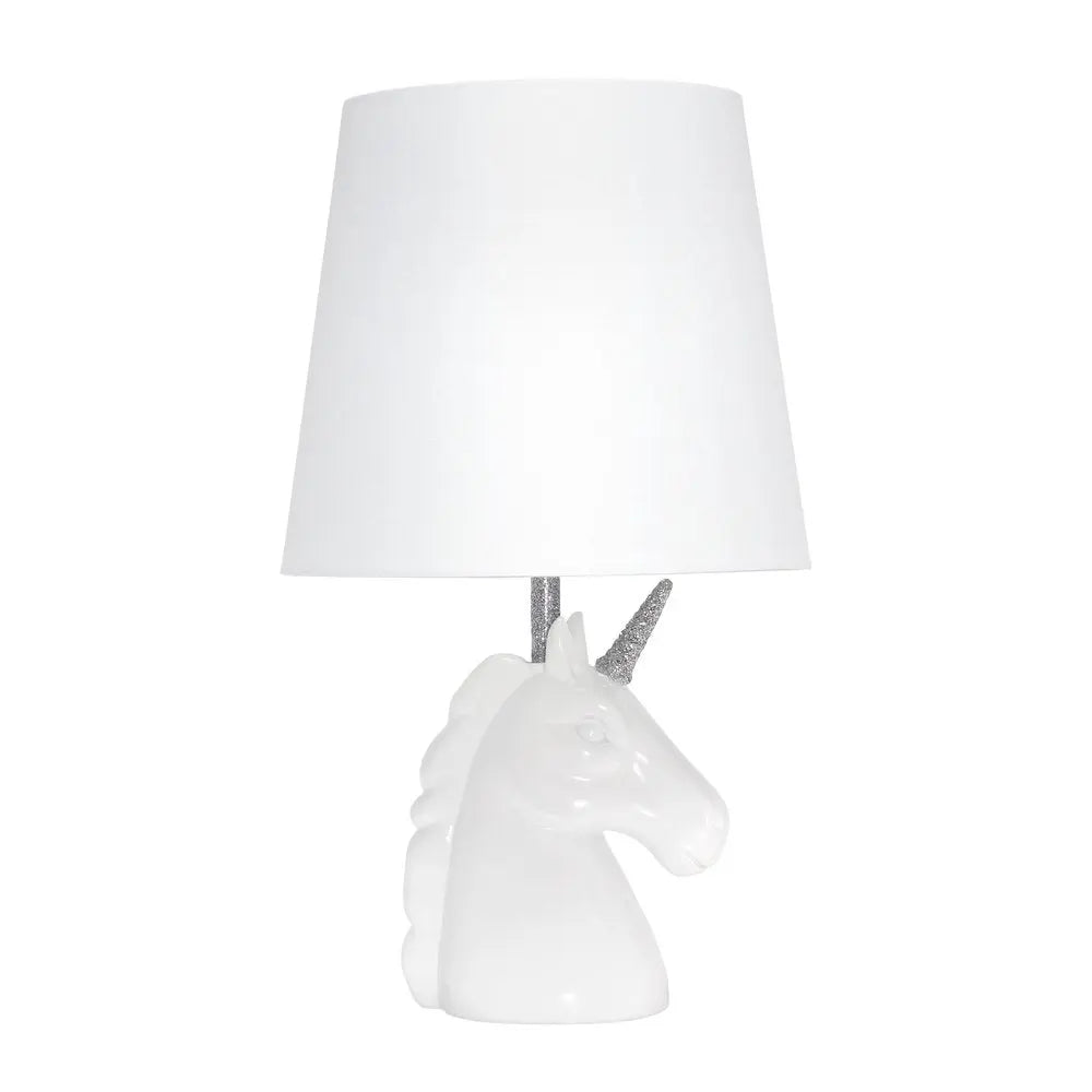 16" White And Silver Unicorn Table Lamp With White Drum Shade HomeRoots