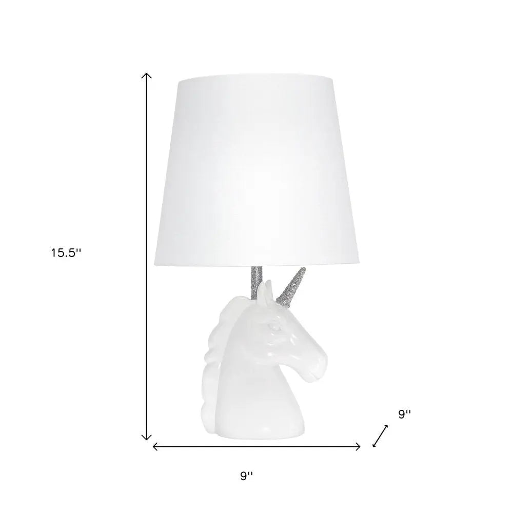16" White And Silver Unicorn Table Lamp With White Drum Shade HomeRoots