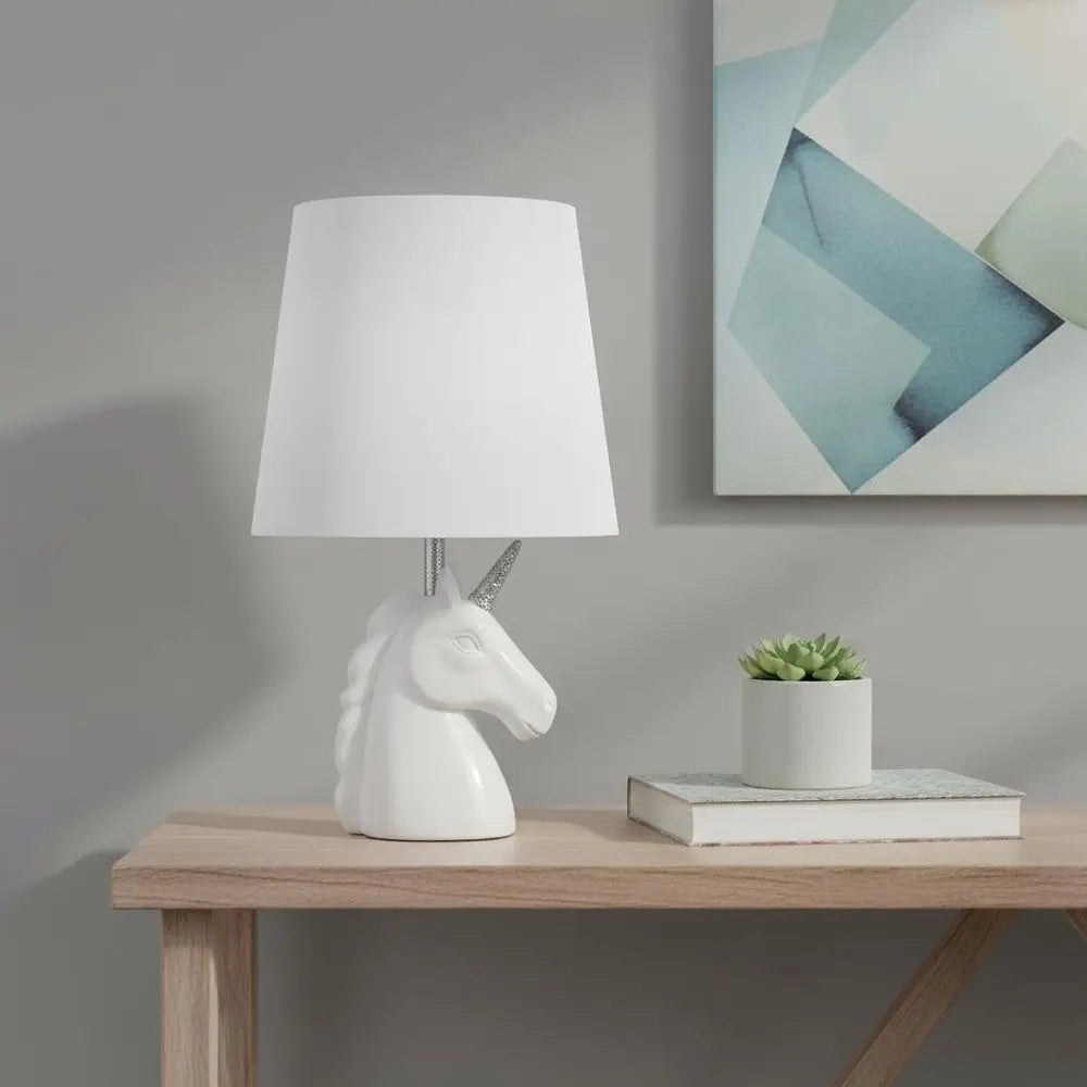 16" White And Silver Unicorn Table Lamp With White Drum Shade HomeRoots
