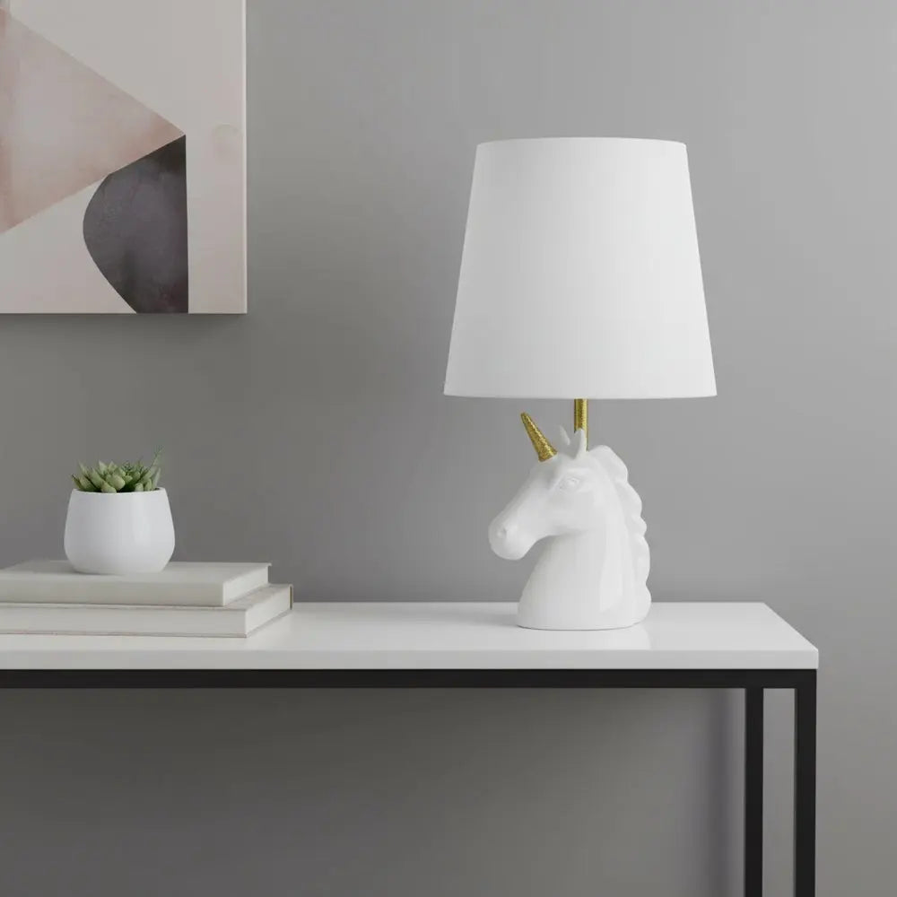 16" White And Gold Novelty Table Lamp LED With White Drum Shade HomeRoots