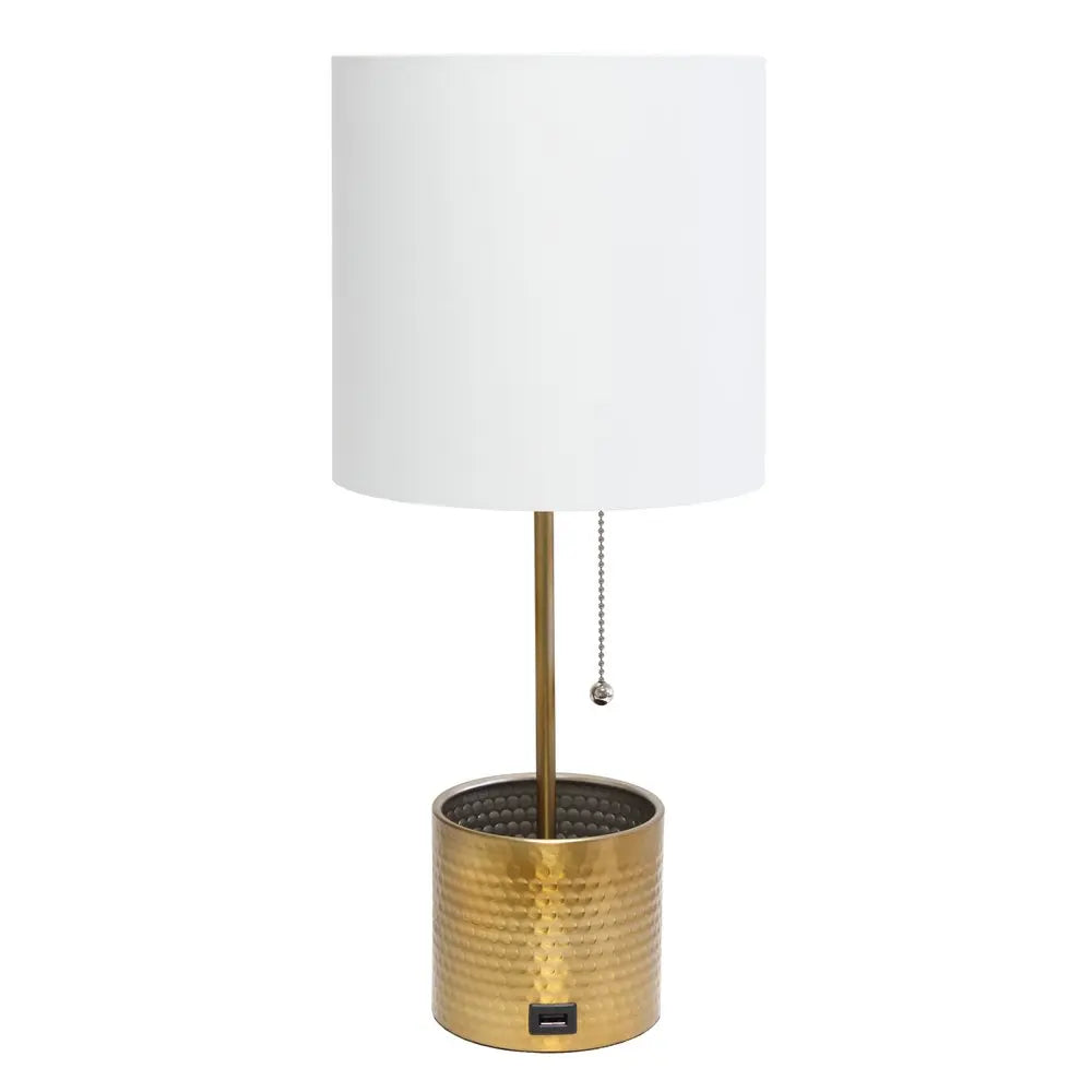 19" Gold Metal USB Table Lamp With White Drum Shade HomeRoots