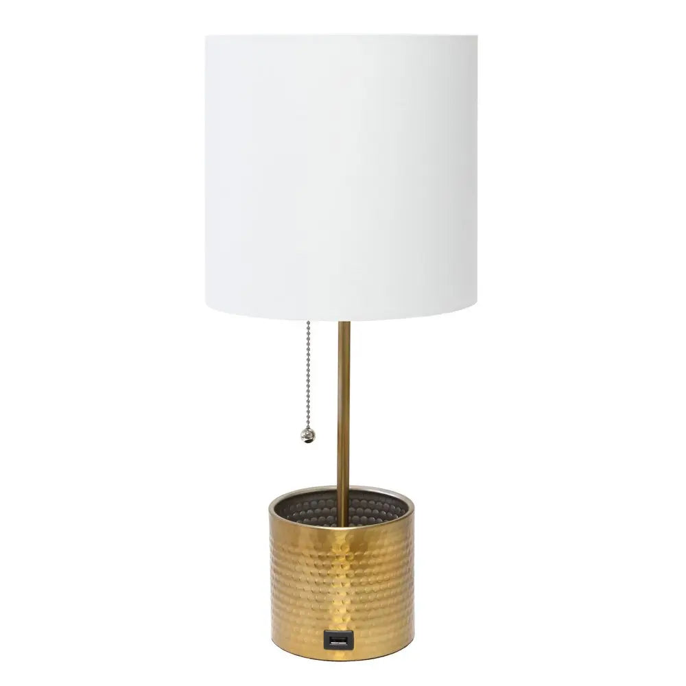 19" Gold Metal USB Table Lamp With White Drum Shade HomeRoots