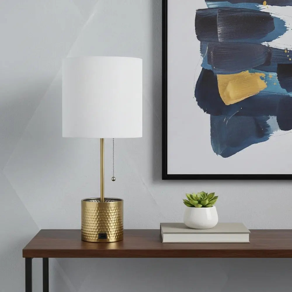 19" Gold Metal USB Table Lamp With White Drum Shade HomeRoots