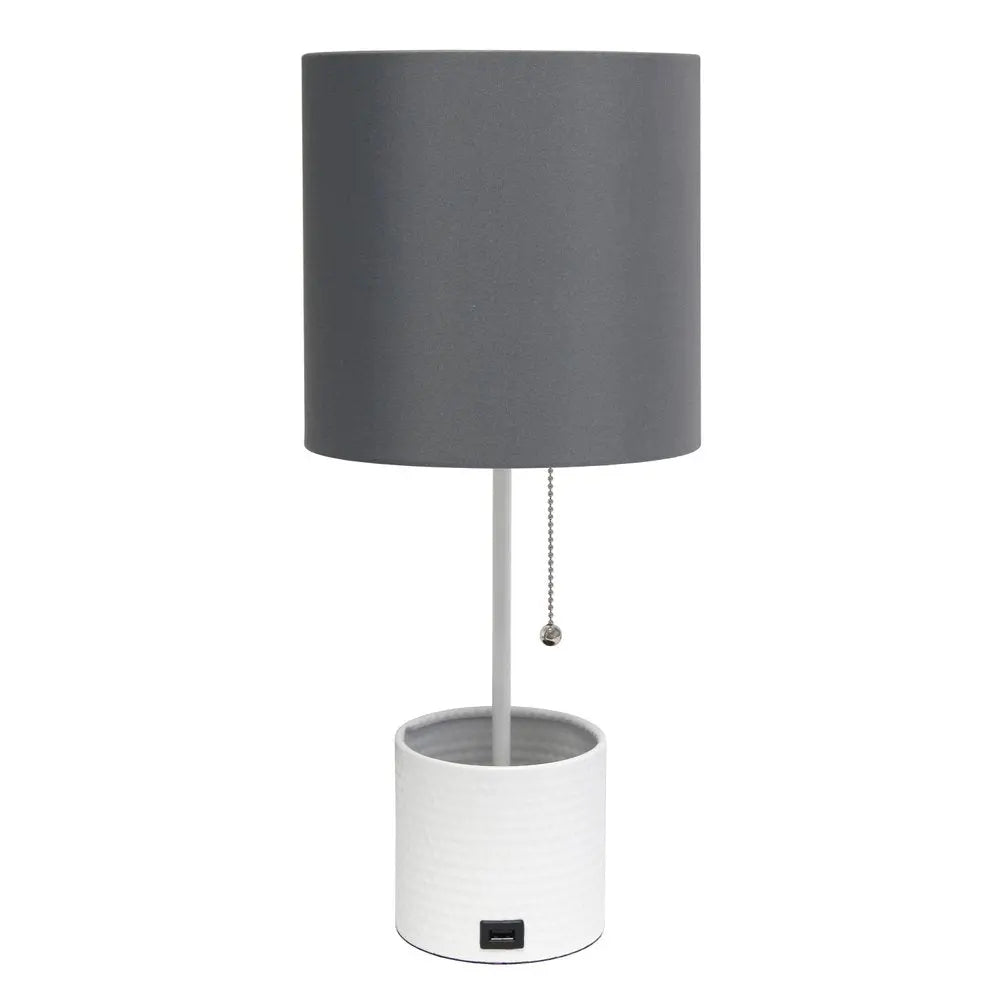 19" White Metal USB Table Lamp With Gray Drum Shade HomeRoots