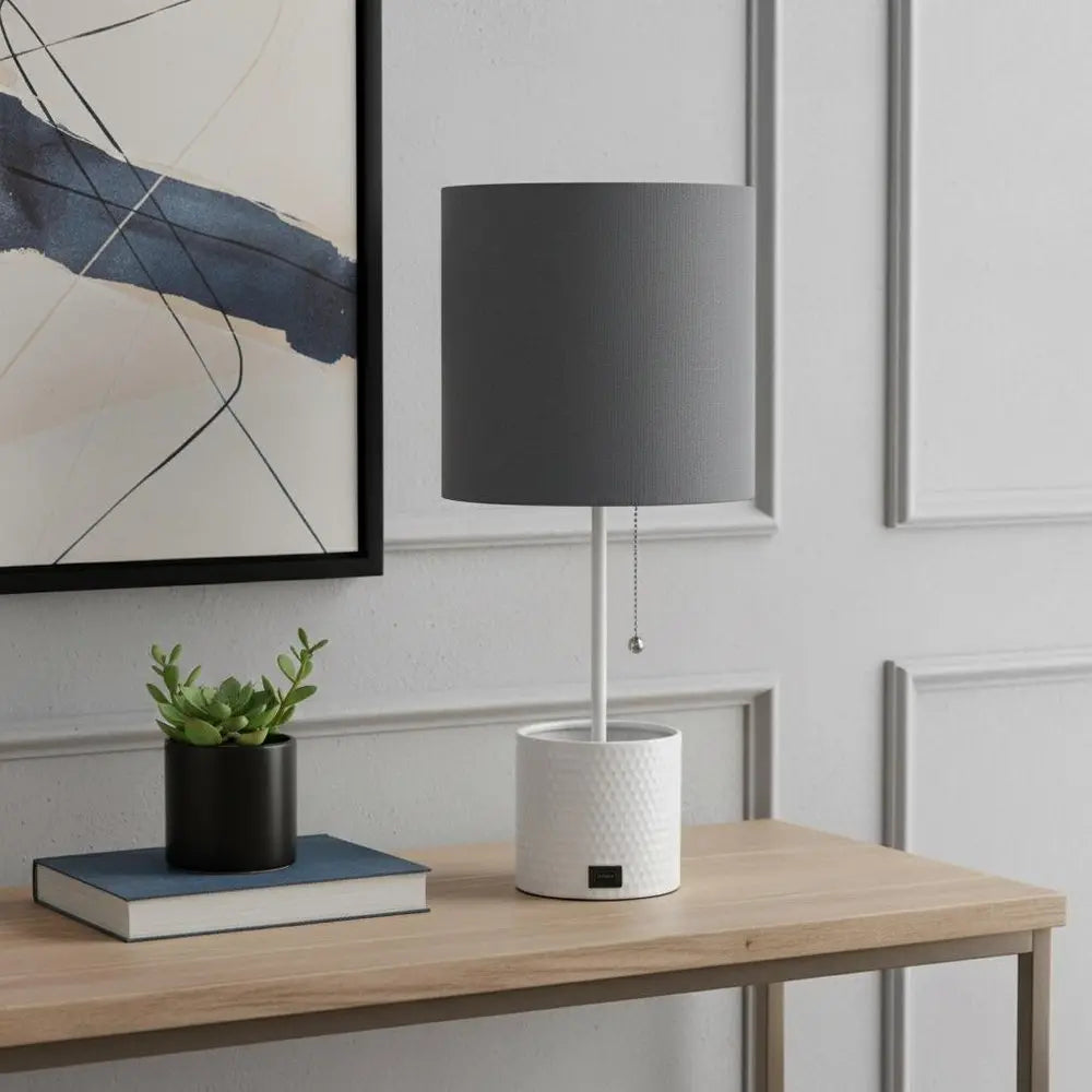 19" White Metal USB Table Lamp With Gray Drum Shade HomeRoots