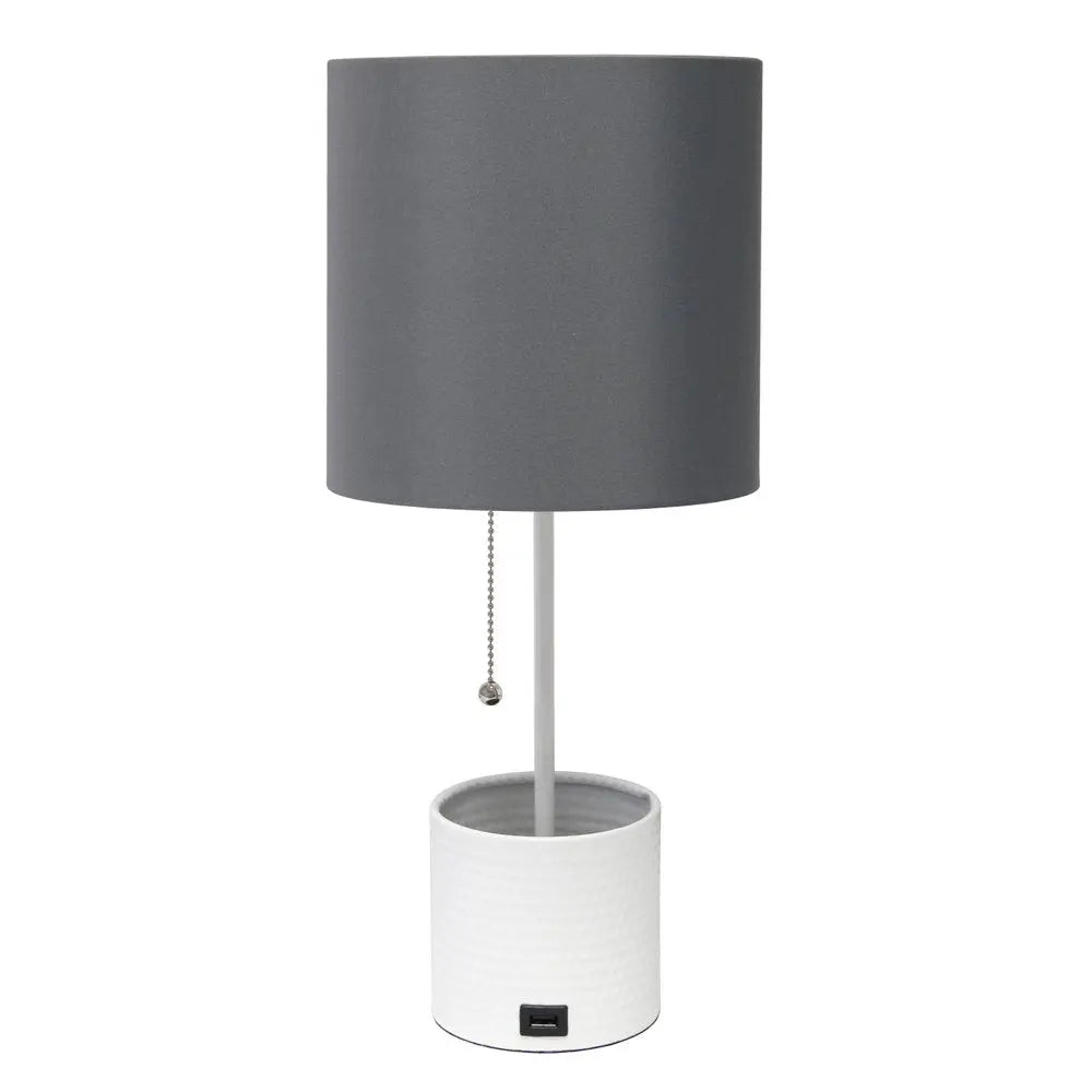 19" White Metal USB Table Lamp With Gray Drum Shade HomeRoots