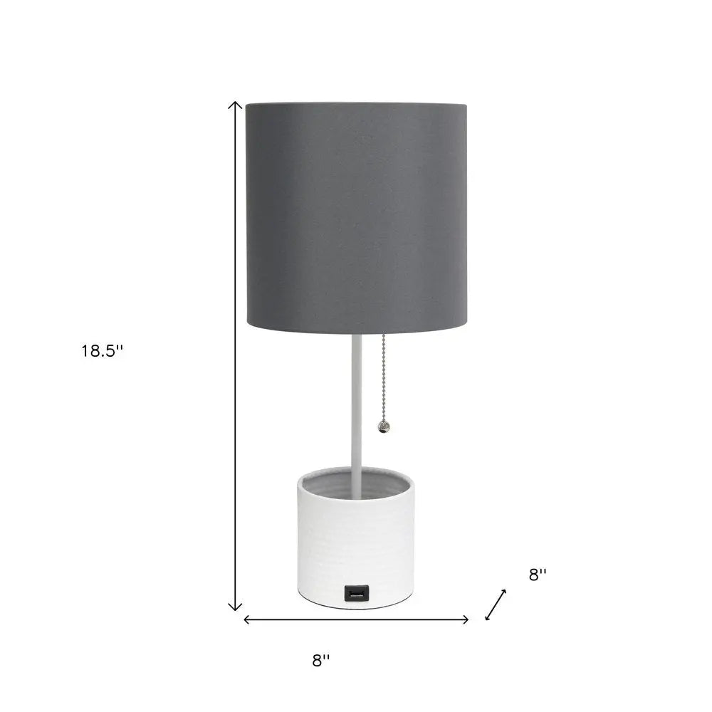 19" White Metal USB Table Lamp With Gray Drum Shade HomeRoots