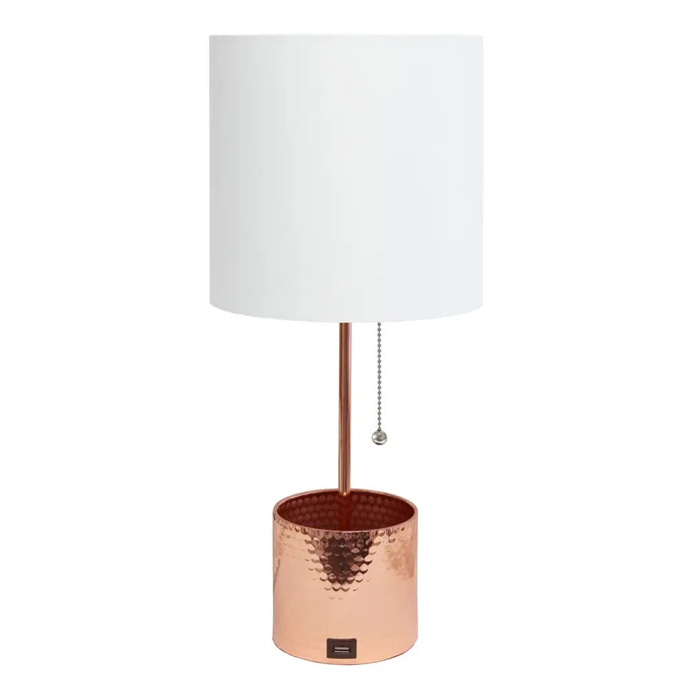 19" Rose Gold Metal USB Table Lamp With White Drum Shade HomeRoots