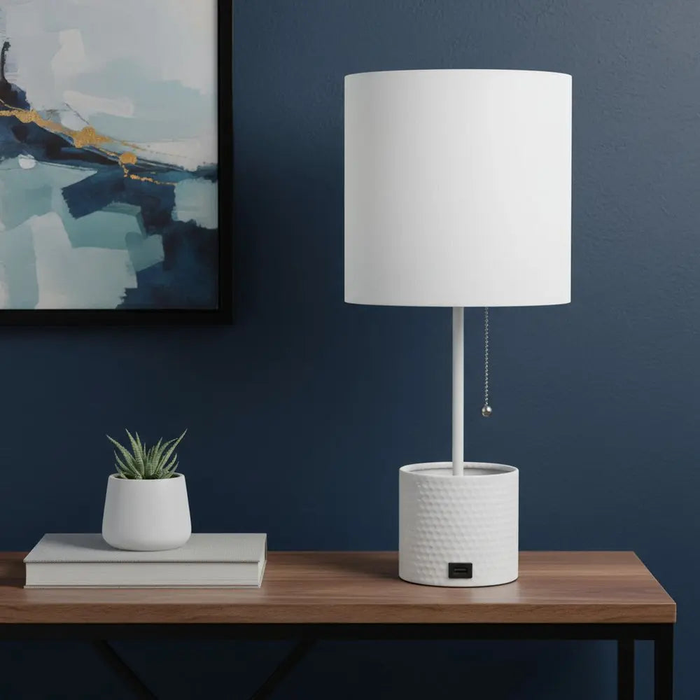 19" White Metal USB Table Lamp With White Drum Shade HomeRoots