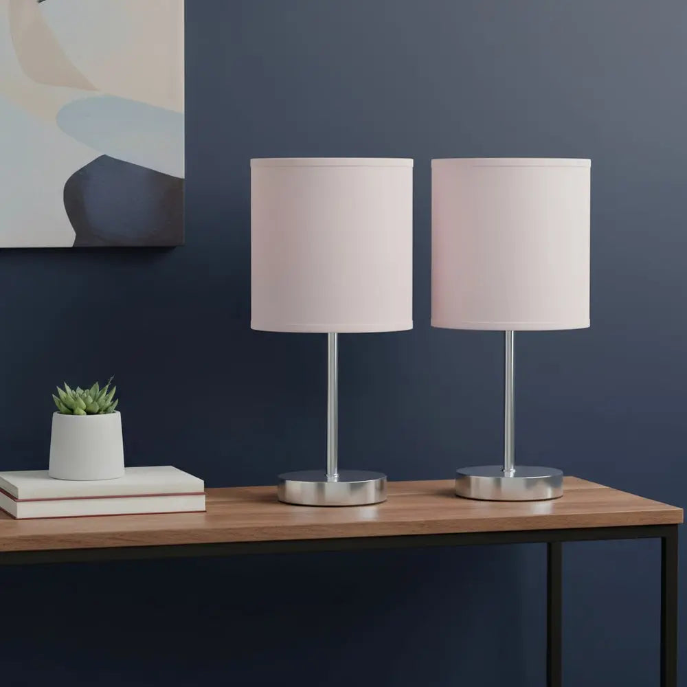 Set of Two 12" Silver Metal Table Lamp With Blush Drum Shade HomeRoots