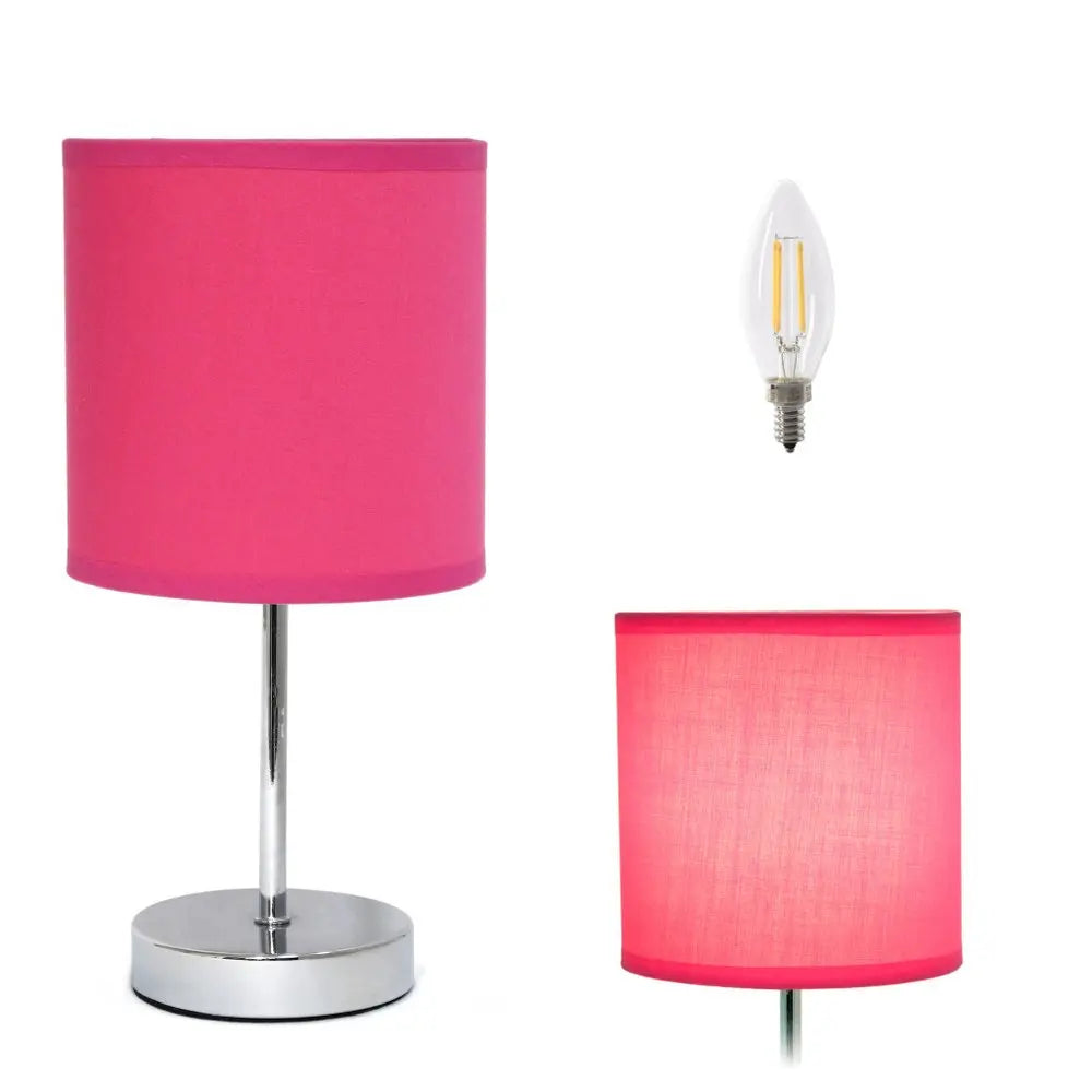 12" Silver Metal Table Lamp LED With Hot Pink Drum Shade HomeRoots