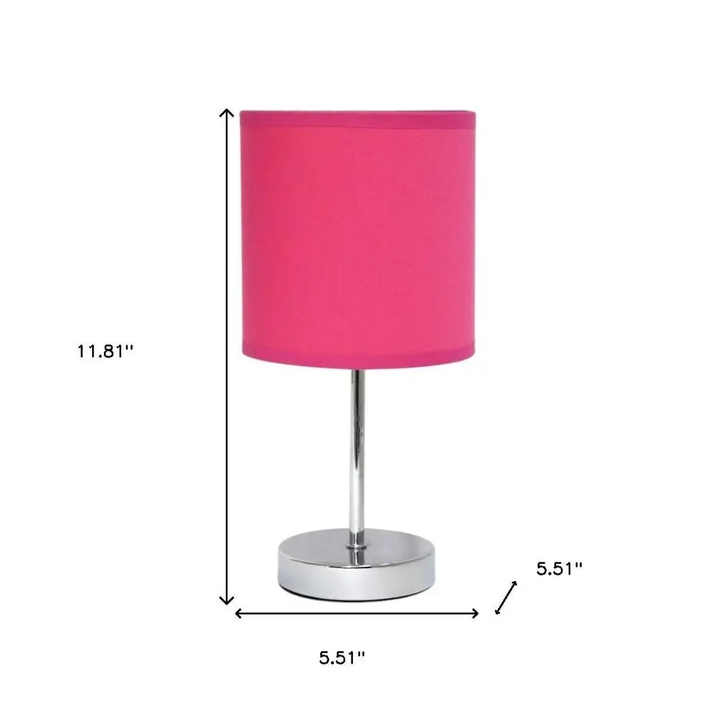 12" Silver Metal Table Lamp LED With Hot Pink Drum Shade HomeRoots
