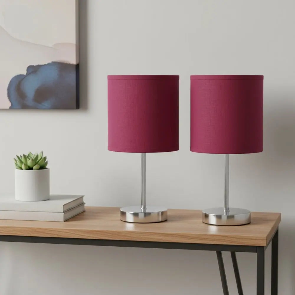 Set of Two 12" Silver Metal Table Lamp With Wine Drum Shade HomeRoots