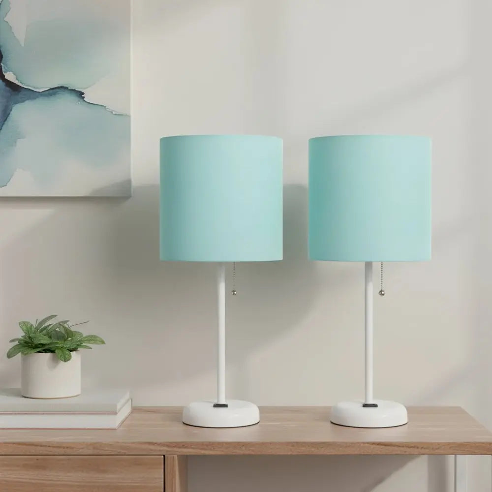 Set of Two 20" White Metal Table Lamp With Aqua Drum Shade HomeRoots