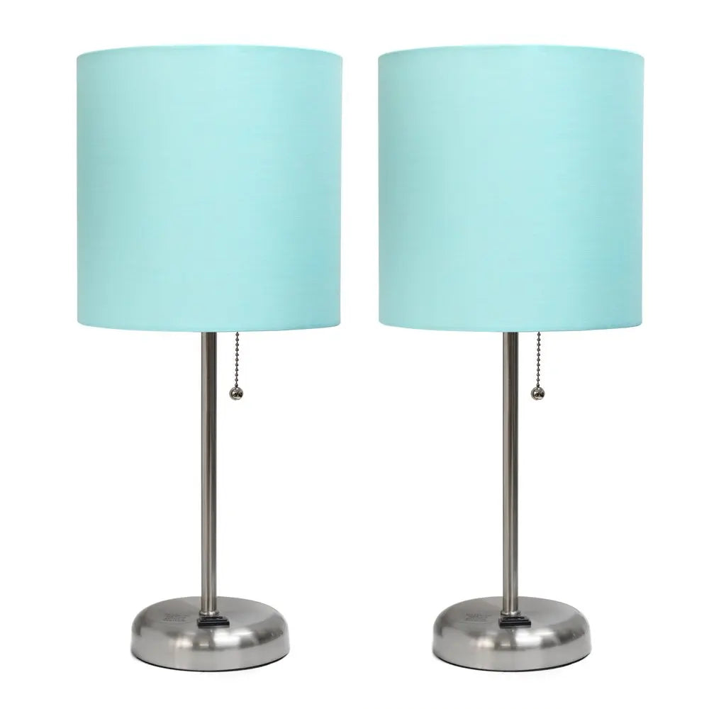 Set of Two 20" Silver Metal Table Lamp With Aqua Drum Shade HomeRoots