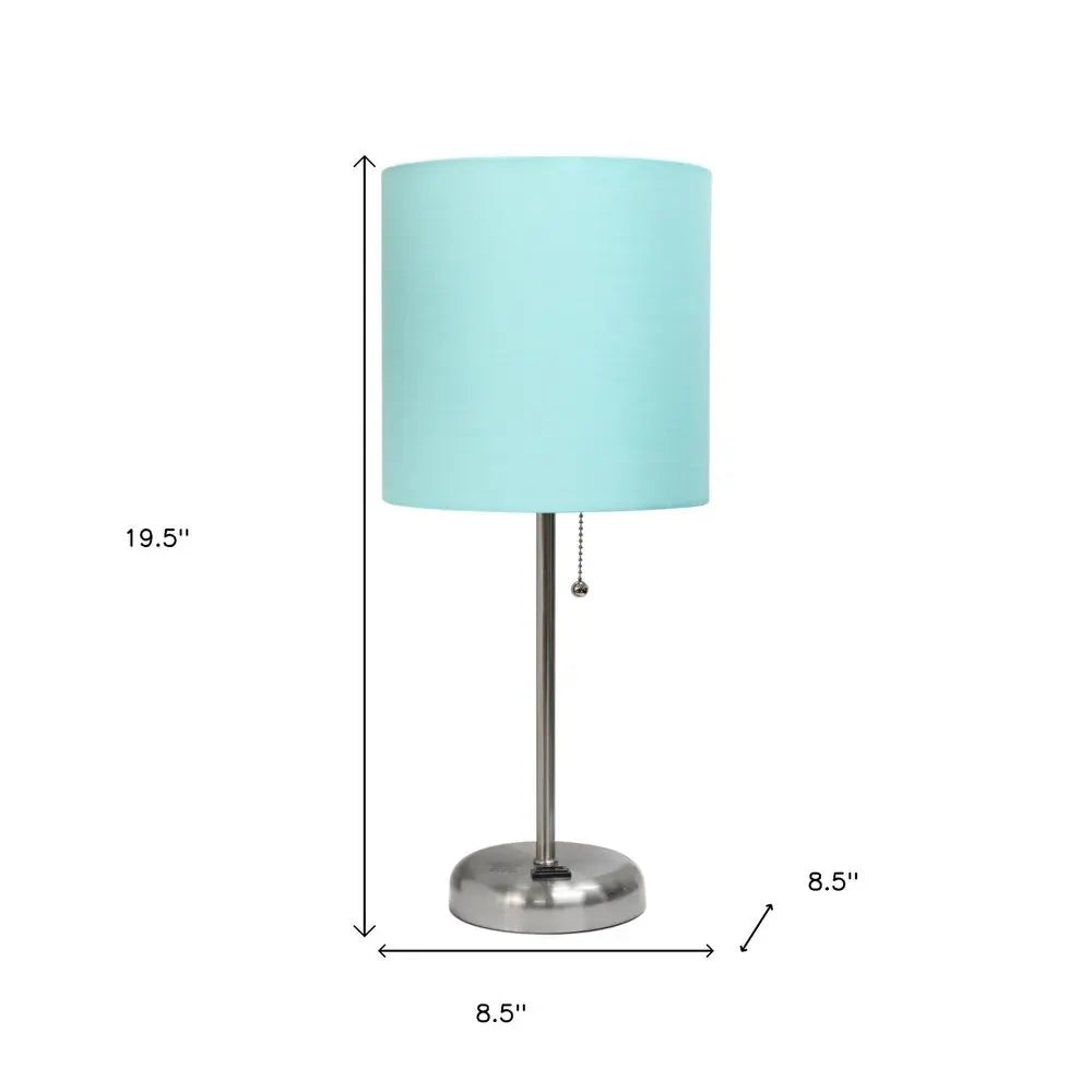 Set of Two 20" Silver Metal Table Lamp With Aqua Drum Shade HomeRoots