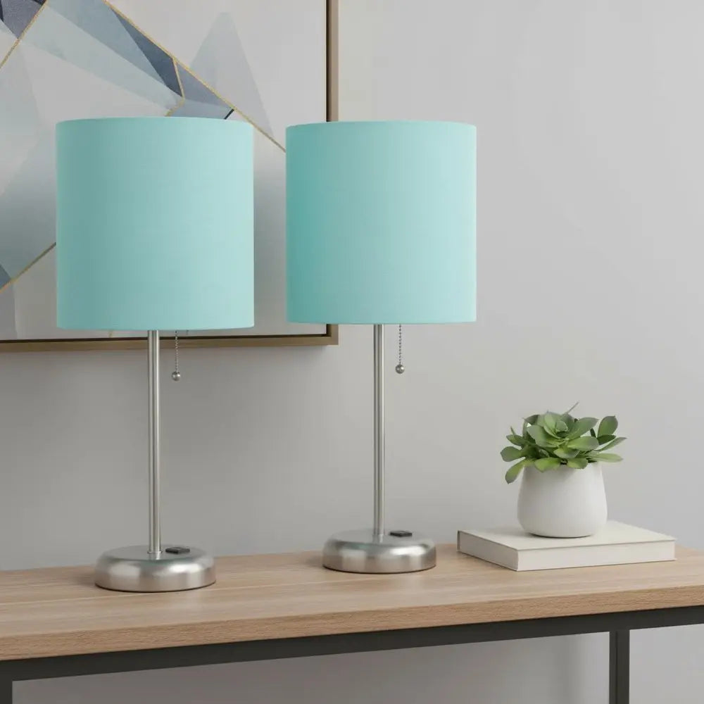 Set of Two 20" Silver Metal Table Lamp With Aqua Drum Shade HomeRoots